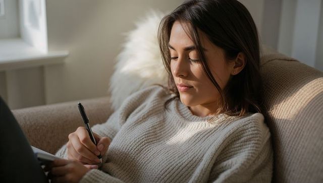 Young woman writing in notebook on sunlit sofa, relaxing cozy journaling moment
