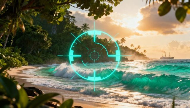 Neon hud reticle tracking turquoise waves at tropical sunset cove with distant ship