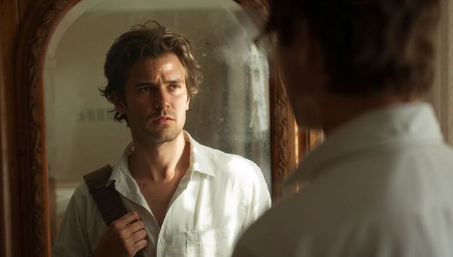 Pensive Young Man Holding Bag Strap While Studying Reflection in Ornate Mirror