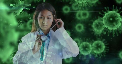 Asian Female Doctor Analyzing Digital Viruses with Stethoscope