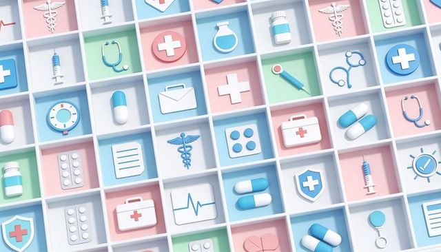 3d medical icons grid in pastel cubby shelves showing healthcare and pharmacy symbols
