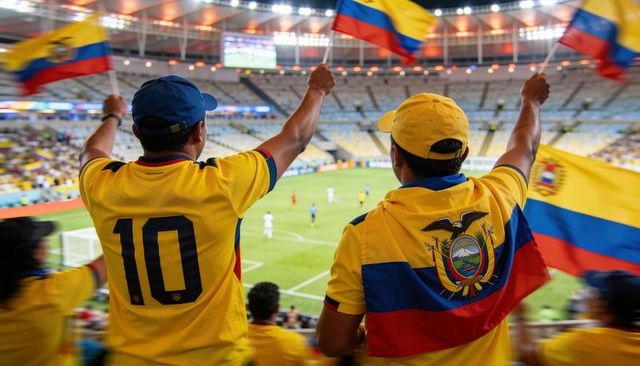 Ecuador fans waving tricolor flags, cheering in yellow jerseys at stadium football match
