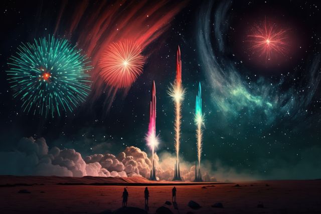 Multi coloured fireworks exploding over desert, created using generative ai technology. New year's eve and celebration concept digitally generated image.