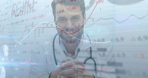 Physician reviewing digital health dashboards with telemedicine graphs and patient data