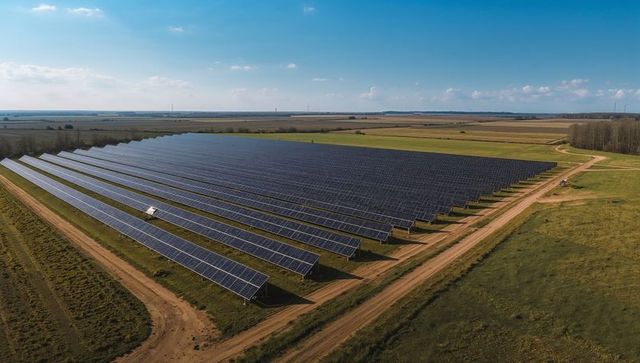Utility-Scale Solar Farm Stretching Across Plains Showing Rows of Photovoltaic Panels