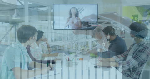 Team Meeting with CEO Videocall Amidst Digital Graph Overlay