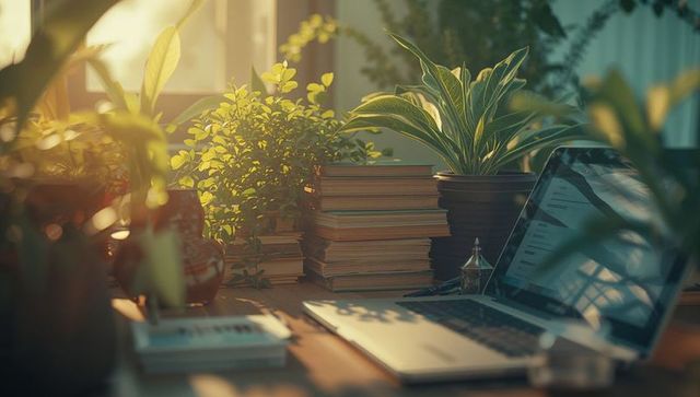 Home Office Desk with Lush Green Plants and Technology