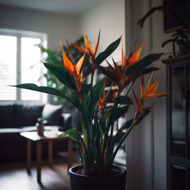 Bird of Paradise plant with vibrant orange flowers sitting in a cozy living room filled with natural light, exuding an atmosphere of calm and serenity. This image is great for home decor websites, interior design blogs, and nature and gardening articles.