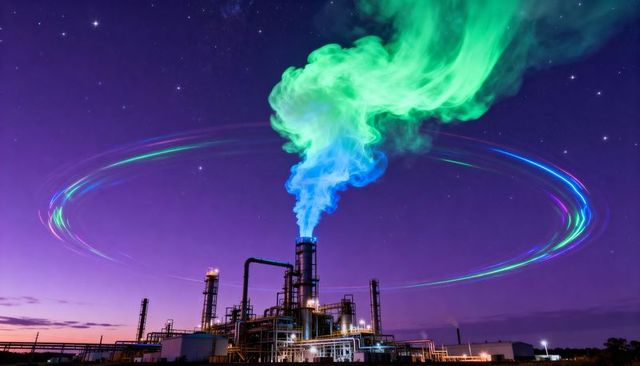 Industrial refinery emitting luminous blue-green plume with neon orbital ring at twilight