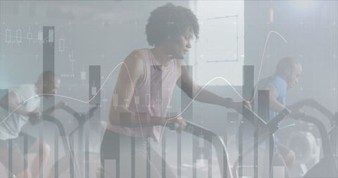 Woman cross training with digital graph overlay at gym