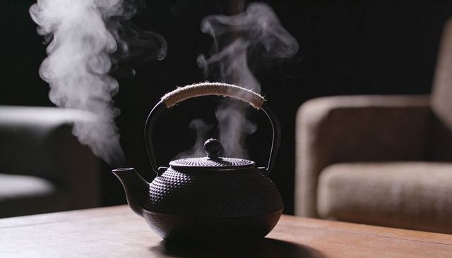 Steaming cast-iron teapot releasing wisps of steam on wooden table in cozy living room