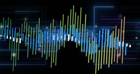 Pulsing digital waveform with neon vertical bars and glowing circuit grid for data visualization