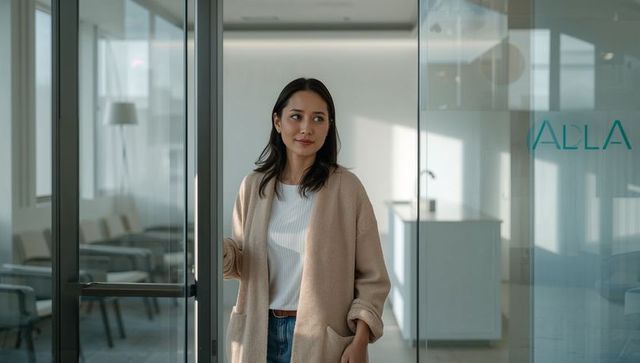 Asian woman opening glass office door wearing beige cardigan and jeans in modern lobby