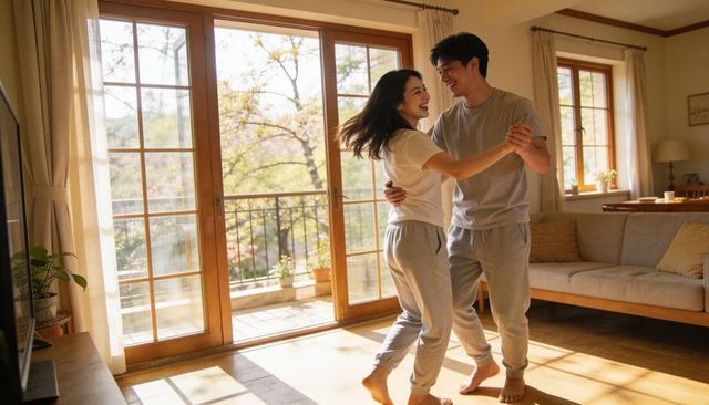 Sunlit couple dancing barefoot in loungewear by balcony doors enjoying cozy morning