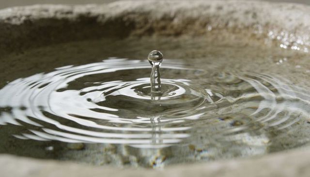 Droplet rising from stone basin creating concentric ripples and mirror-like water reflection