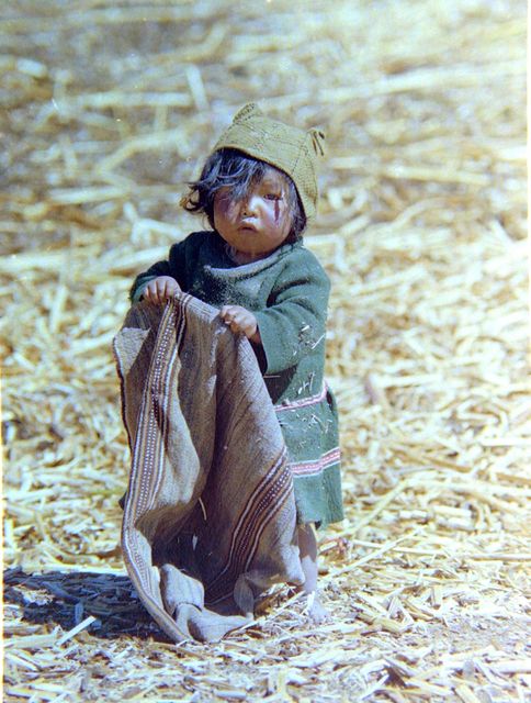 Young Indigenous child holding a woolen blanket while standing outside on a sunny day, dressed in traditional clothing. This image captures the essence of cultural heritage and can be used in content related to Indigenous communities, tribal lifestyles, and traditional practices.