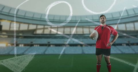 Rugby Player with Strategy Diagram on Stadium Field