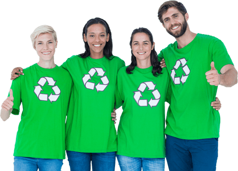 Group of Eco-Friendly Activists in Green Shirts on Transparent Background