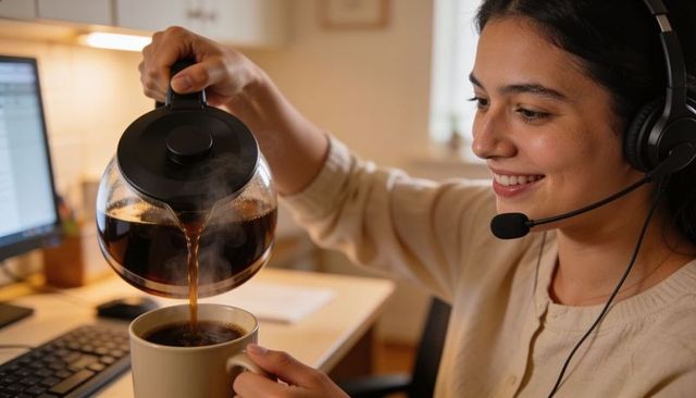 Smiling woman wearing headset pouring coffee into mug during remote work at home office