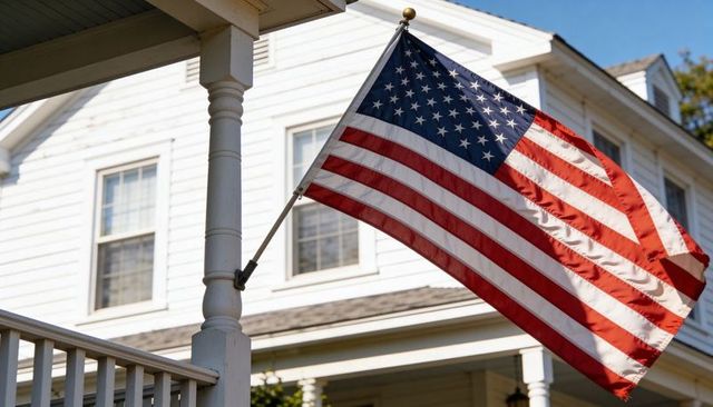 American flag waving on front porch column with gold finial and white siding