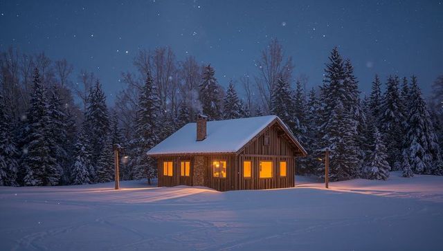 Glowing log cabin emitting warm light and smoke in snowy forest under starry night