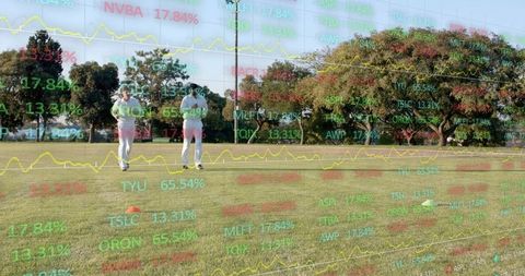 Cricket players walking on sunlit green field with stock market data overlay