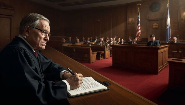 Veteran judge writing notes at bench during courtroom trial with jury and attorneys