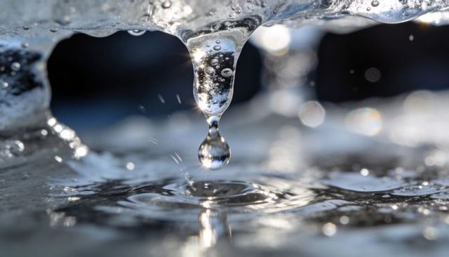Dripping icicle glinting over rippling pool, macro melting water droplet reflecting light