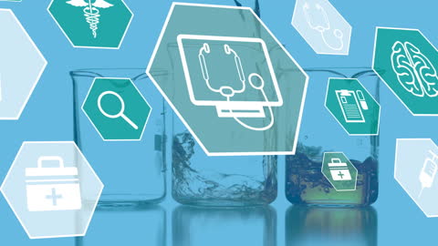 Futuristic Scientific Icons with Liquid in Laboratory Setup