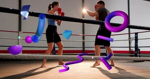 Boxers sparring in ring with vibrant 3d abstract shapes, female fighter training with partner