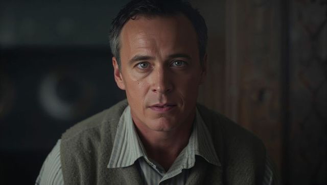 Man sitting and gazing wearing light-striped shirt and knit vest in moody portrait