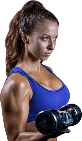 Strong fit woman holding dumbbell on transparent background