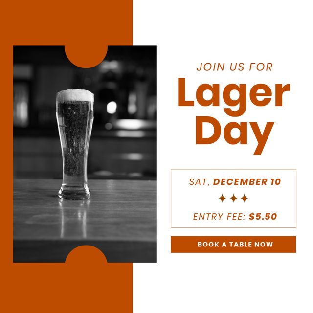 Square design promoting Lager Day with a beer glass on a bar counter. Minimalist orange and white theme. Displays date, entry fee, and 'Book A Table Now' button. Perfect for bar promotions, beer festivals, and social media announcements.