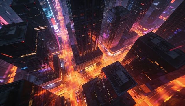 Pulsing neon downtown intersection glowing from aerial perspective with urban motion blur
