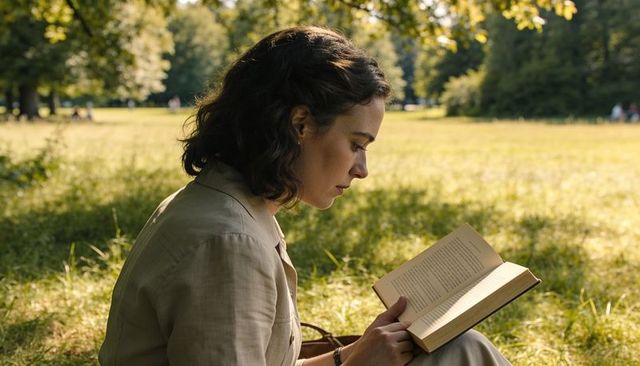 Woman reading paperback on sunlit park grass, linen blouse, leather bag, wristwatch