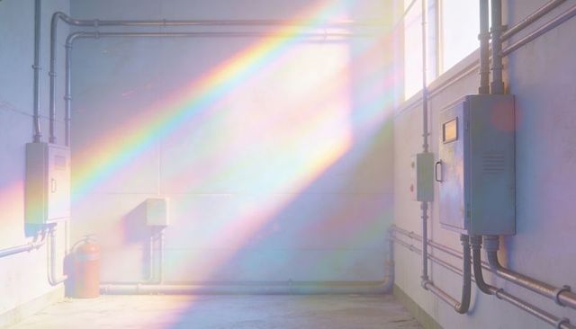 Prismatic sunbeam casting across industrial utility room with control panels and pipes