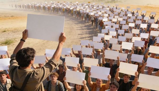 Leader holding blank placard leading mass crowd of protesters holding blank signs