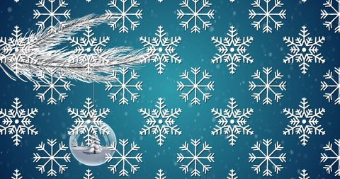 Christmas Ornament on Tree with Snowflake Pattern Background