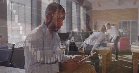 Business Professionals Analyzing Data with Statistics Overlay