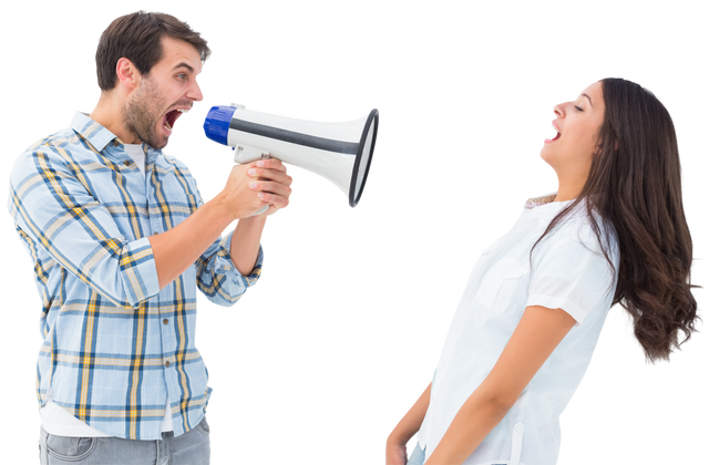 Angry Man Shouting Through Megaphone at Girlfriend with Transparent Background - Download Free Stock Videos Pikwizard.com