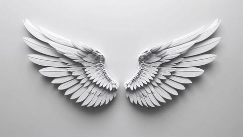 Elegant stylized white angel wings with layered feathers on gray background