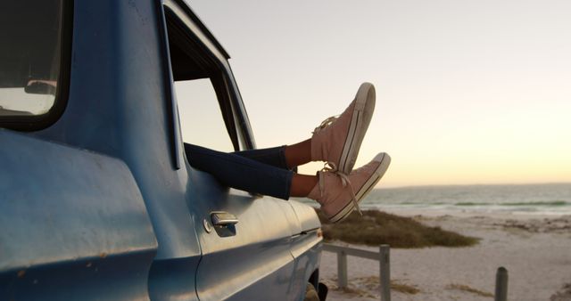 Relaxing Road Trip by the Beach in Vintage Blue Truck - Download Free Stock Images Pikwizard.com