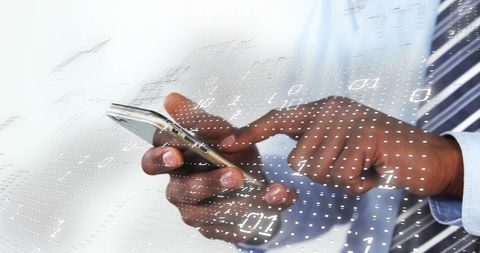 Business Professional Using Smartphone with Binary Code Overlay