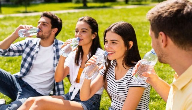 Young adults drinking bottled water in sunny park, summer hydration and friendship
