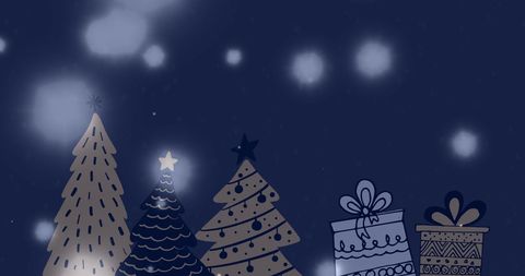 Abstract Christmas Trees and Gifts on Snowy Night Background
