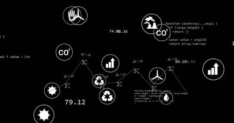 Displaying Centered Data Viz Cluster with CO2 Badges and Code Overlay on Dark Dashboard