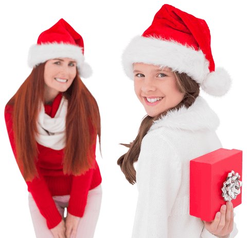 Cheerful Caucasian Women with Gift in Santa Hats on Transparent Background