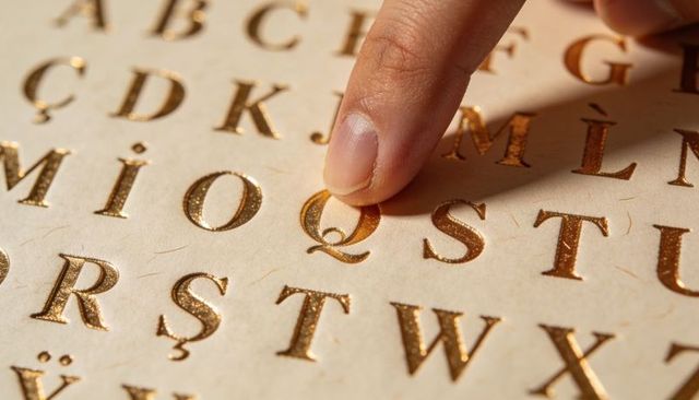 Finger touching gold foil letter q on embossed serif alphabet sheet for luxury typography