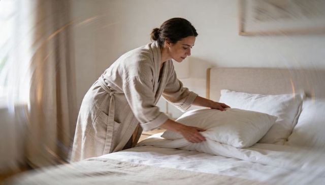 Woman in robe making bed and arranging pillows in cozy neutral bedroom interior