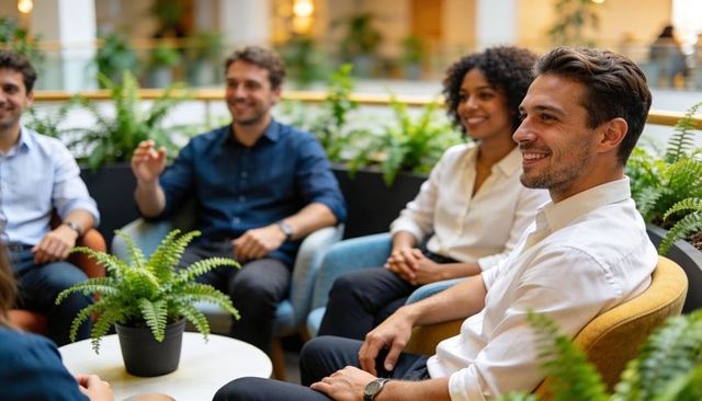 Smiling young professionals collaborating in modern office lounge surrounded by greenery